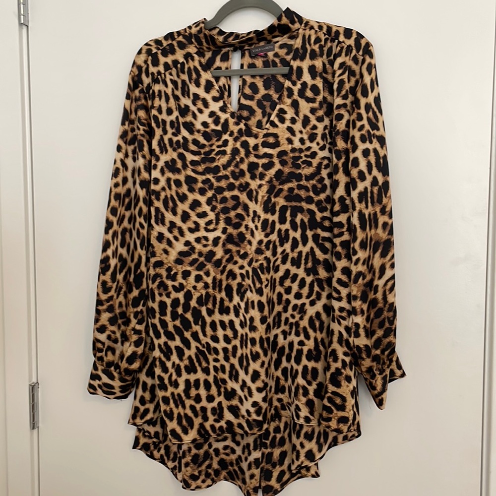 Vince Camuto High Low Choker Tunic Blouse Leopard